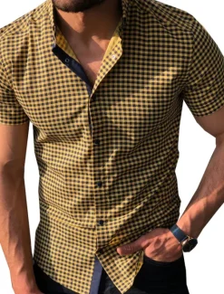 OUKU Men's Shirt Casual Shirt Button Up Shirt Checked Shirts Short Sleeve Plaid / Check Turndown Vacation Street Clothing Apparel Cotton Cotton Blend Fashion Casual Comfortable Yellow