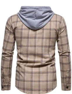 Online OUKU Men's Shirt Casual Shirt Button Up Shirt Overshirt Hooded Shirt Checked Shirts Pink Dark Navy Blue Green khaki Long Sleeve Plaid / Check Hooded Vacation Street Hooded Clothing Apparel Cotton Cotton