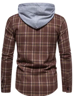 Online OUKU Men's Shirt Casual Shirt Button Up Shirt Overshirt Hooded Shirt Checked Shirts Pink Dark Navy Blue Green khaki Long Sleeve Plaid / Check Hooded Vacation Street Hooded Clothing Apparel Cotton Cotton