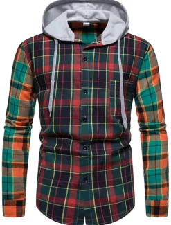 Online OUKU Men's Shirt Casual Shirt Button Up Shirt Overshirt Hooded Shirt Checked Shirts Pink Dark Navy Blue Green khaki Long Sleeve Plaid / Check Hooded Vacation Street Hooded Clothing Apparel Cotton Cotton
