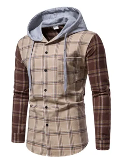 Online OUKU Men's Shirt Casual Shirt Button Up Shirt Overshirt Hooded Shirt Checked Shirts Pink Dark Navy Blue Green khaki Long Sleeve Plaid / Check Hooded Vacation Street Hooded Clothing Apparel Cotton Cotton