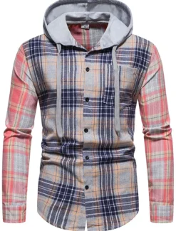 Online OUKU Men's Shirt Casual Shirt Button Up Shirt Overshirt Hooded Shirt Checked Shirts Pink Dark Navy Blue Green khaki Long Sleeve Plaid / Check Hooded Vacation Street Hooded Clothing Apparel Cotton Cotton