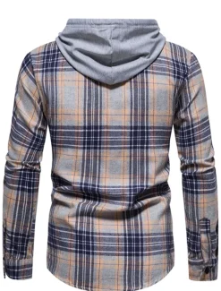 Online OUKU Men's Shirt Casual Shirt Button Up Shirt Overshirt Hooded Shirt Checked Shirts Pink Dark Navy Blue Green khaki Long Sleeve Plaid / Check Hooded Vacation Street Hooded Clothing Apparel Cotton Cotton