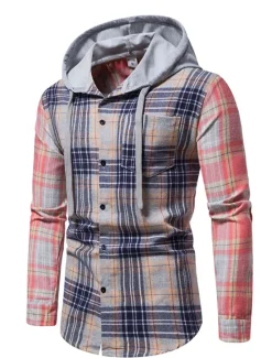 Online OUKU Men's Shirt Casual Shirt Button Up Shirt Overshirt Hooded Shirt Checked Shirts Pink Dark Navy Blue Green khaki Long Sleeve Plaid / Check Hooded Vacation Street Hooded Clothing Apparel Cotton Cotton