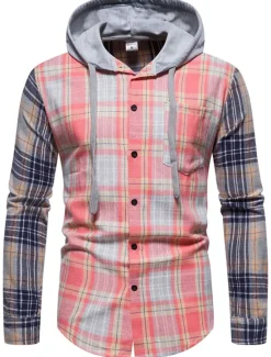 Online OUKU Men's Shirt Casual Shirt Button Up Shirt Overshirt Hooded Shirt Checked Shirts Pink Dark Navy Blue Green khaki Long Sleeve Plaid / Check Hooded Vacation Street Hooded Clothing Apparel Cotton Cotton