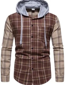 Online OUKU Men's Shirt Casual Shirt Button Up Shirt Overshirt Hooded Shirt Checked Shirts Pink Dark Navy Blue Green khaki Long Sleeve Plaid / Check Hooded Vacation Street Hooded Clothing Apparel Cotton Cotton