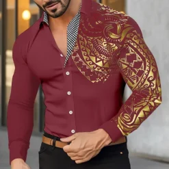 Best OUKU Men's Shirt Casual Shirt Button Up Shirt Bronzing Office & Career Wedding Party Black White Wine Red Long Sleeve Lapel Spring & Fall Clothing Apparel Patchwork