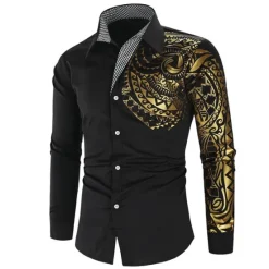 Best OUKU Men's Shirt Casual Shirt Button Up Shirt Bronzing Office & Career Wedding Party Black White Wine Red Long Sleeve Lapel Spring & Fall Clothing Apparel Patchwork