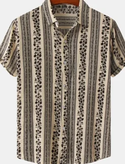 Sale OUKU Men's Shirt Casual Shirt Striped Shirts Black Red Green khaki Beige Short Sleeve Stripe Turndown Outdoor Daily Wear Print Clothing Apparel Fashion Streetwear Casual