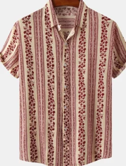 Sale OUKU Men's Shirt Casual Shirt Striped Shirts Black Red Green khaki Beige Short Sleeve Stripe Turndown Outdoor Daily Wear Print Clothing Apparel Fashion Streetwear Casual