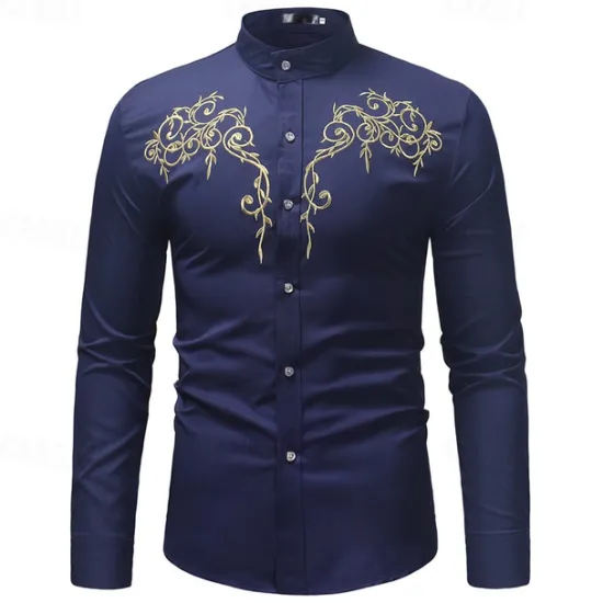 Sale OUKU Men's Shirt Casual Shirt Tuxedo Shirts Embroidery Date Casual Daily Black White Wine Navy Blue Long Sleeve Lapel Spring & Fall Clothing Apparel Embroidered