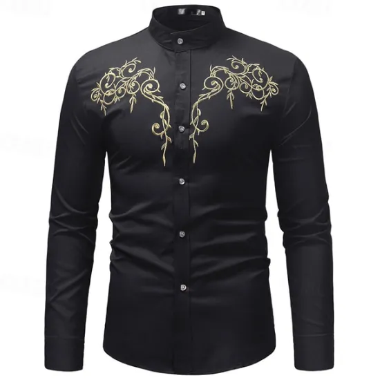 Sale OUKU Men's Shirt Casual Shirt Tuxedo Shirts Embroidery Date Casual Daily Black White Wine Navy Blue Long Sleeve Lapel Spring & Fall Clothing Apparel Embroidered