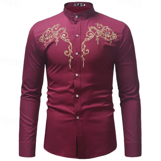 Sale OUKU Men's Shirt Casual Shirt Tuxedo Shirts Embroidery Date Casual Daily Black White Wine Navy Blue Long Sleeve Lapel Spring & Fall Clothing Apparel Embroidered