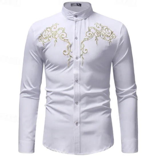 Sale OUKU Men's Shirt Casual Shirt Tuxedo Shirts Embroidery Date Casual Daily Black White Wine Navy Blue Long Sleeve Lapel Spring & Fall Clothing Apparel Embroidered