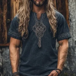 Discount OUKU Men's Shirt Casual Shirt Viking Vacation Hawaiian Short Sleeve V Neck Summer Spring Clothing Apparel Ethnic Dark Blue