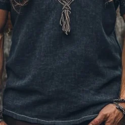 Discount OUKU Men's Shirt Casual Shirt Viking Vacation Hawaiian Short Sleeve V Neck Summer Spring Clothing Apparel Ethnic Dark Blue