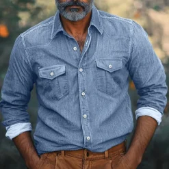 Best OUKU Men's Shirt Chambray Shirt Calico Shirt Casual Shirt Button Up Shirt Denim Shirt Black Navy Blue Blue Light Blue Long Sleeve Plain Collar Vacation Daily Clothing Apparel Fashion Casual