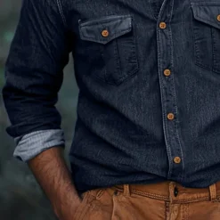 Best OUKU Men's Shirt Chambray Shirt Calico Shirt Casual Shirt Button Up Shirt Denim Shirt Black Navy Blue Blue Light Blue Long Sleeve Plain Collar Vacation Daily Clothing Apparel Fashion Casual