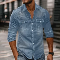 Sale OUKU Men's Shirt Chambray Shirt Calico Shirt Button Up Shirt Casual Shirt Denim Shirt Denim Blue Black Dark Navy Blue Long Sleeve Plain Collar Daily Vacation Clothing Apparel Cotton Fashion Casual