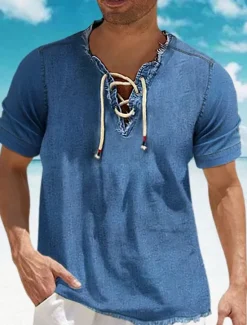 Best OUKU Men's Shirt Chambray Shirt Calico Shirt Summer Shirt Beach Wear Casual Shirt Navy Blue Blue Light Blue Short Sleeve Plain Denim V Neck Daily Vacation Drawstring Clothing Apparel Cotton Blend Fashion