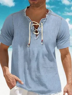 Best OUKU Men's Shirt Chambray Shirt Calico Shirt Summer Shirt Beach Wear Casual Shirt Navy Blue Blue Light Blue Short Sleeve Plain Denim V Neck Daily Vacation Drawstring Clothing Apparel Cotton Blend Fashion