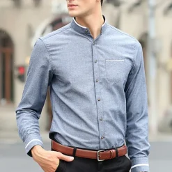 Discount OUKU Men's Shirt Chinese Collar Shirt Mandarin Collar Shirt Dress Shirt Button Up Shirt Plain Wedding Party Pink Blue Sky Blue Dark Gray Long Sleeve Grandad Collar Spring & Fall Clothing Apparel Patchwork