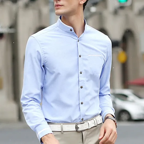 Discount OUKU Men's Shirt Chinese Collar Shirt Mandarin Collar Shirt Dress Shirt Button Up Shirt Plain Wedding Party Pink Blue Sky Blue Dark Gray Long Sleeve Grandad Collar Spring & Fall Clothing Apparel Patchwork
