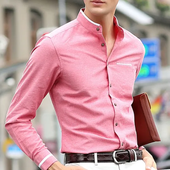 Discount OUKU Men's Shirt Chinese Collar Shirt Mandarin Collar Shirt Dress Shirt Button Up Shirt Plain Wedding Party Pink Blue Sky Blue Dark Gray Long Sleeve Grandad Collar Spring & Fall Clothing Apparel Patchwork