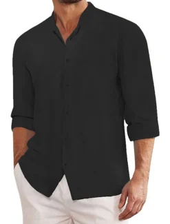 Outlet OUKU Men's Shirt Chinese Collar Shirt Mandarin Collar Shirt Summer Shirt Casual Shirt Beach Shirt Plain Vacation Hawaiian Black Blue Khaki Gray Long Sleeve Stand Collar Spring & Summer Clothing Apparel