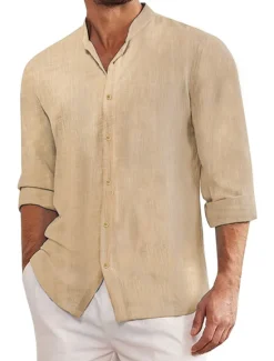 Outlet OUKU Men's Shirt Chinese Collar Shirt Mandarin Collar Shirt Summer Shirt Casual Shirt Beach Shirt Plain Vacation Hawaiian Black Blue Khaki Gray Long Sleeve Stand Collar Spring & Summer Clothing Apparel