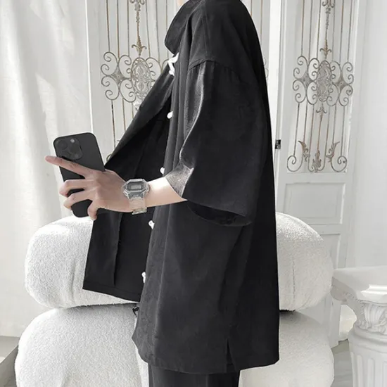 Sale OUKU Men's Shirt Chinese Collar Shirt Mandarin Collar Shirt Summer Shirt Casual Shirt Beach Shirt Black White Short Sleeve Plain Mandarin Collar Vacation Holiday Embroidered Clothing Apparel Polyester