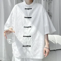 Sale OUKU Men's Shirt Chinese Collar Shirt Mandarin Collar Shirt Summer Shirt Casual Shirt Beach Shirt Black White Short Sleeve Plain Mandarin Collar Vacation Holiday Embroidered Clothing Apparel Polyester