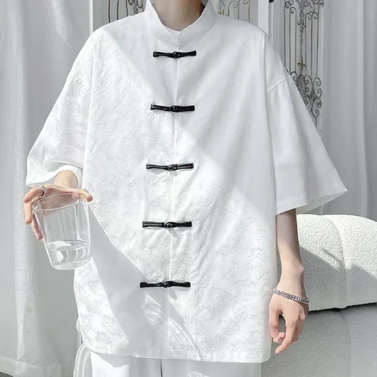 Sale OUKU Men's Shirt Chinese Collar Shirt Mandarin Collar Shirt Summer Shirt Casual Shirt Beach Shirt Black White Short Sleeve Plain Mandarin Collar Vacation Holiday Embroidered Clothing Apparel Polyester