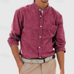 OUKU Men's Shirt Chinese Collar Shirt Mandarin Collar Shirt Summer Shirt Casual Shirt Beach Shirt White Red Navy Blue Blue Long Sleeve Plain Band Collar Vacation Hawaiian Pocket Clothing Apparel Polyester