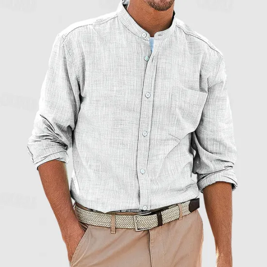 OUKU Men's Shirt Chinese Collar Shirt Mandarin Collar Shirt Summer Shirt Casual Shirt Beach Shirt White Red Navy Blue Blue Long Sleeve Plain Band Collar Vacation Hawaiian Pocket Clothing Apparel Polyester