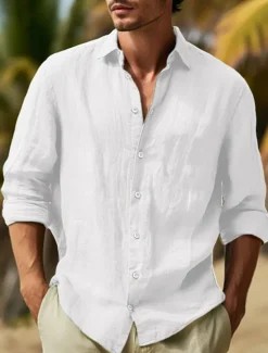 Hot OUKU Men's Shirt Cotton Linen Shirt Summer Shirt Beach Wear Button Up Shirt Plain Vacation Curise Black White Pink Navy Blue Long Sleeve Lapel Spring & Summer Clothing Apparel