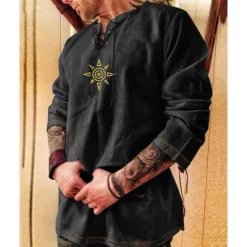 Best OUKU Men's Shirt Cotton Linen Shirt Casual Shirt Sun Party / Evening Masquerade Black Blue Khaki Army Green Long Sleeve Crew Neck Spring & Fall Clothing Apparel Lace up