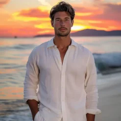Online OUKU Men's Shirt Cotton Linen Shirt White Blue Long Sleeve Solid Color Turndown Summer Spring & Fall Sports & Outdoor Causal Clothing Apparel Button