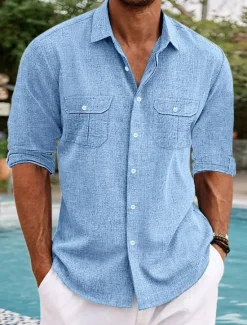 Online OUKU Men's Shirt Cotton Linen Shirt Summer Shirt Beach Wear Casual Shirt Button Up Shirt Plain Vacation Casual Black White Blue Long Sleeve Lapel Spring & Summer Clothing Apparel Pocket