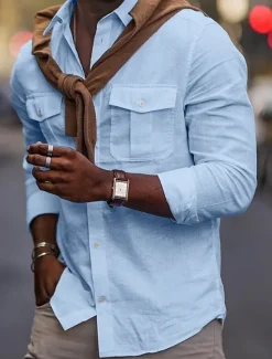 New OUKU Men's Shirt Cotton Linen Shirt White Cotton Shirt Summer Shirt Beach Shirt Plain Hawaiian Holiday Black White Blue Khaki Long Sleeve Lapel Spring & Summer Clothing Apparel Pocket