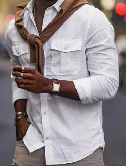 New OUKU Men's Shirt Cotton Linen Shirt White Cotton Shirt Summer Shirt Beach Shirt Plain Hawaiian Holiday Black White Blue Khaki Long Sleeve Lapel Spring & Summer Clothing Apparel Pocket