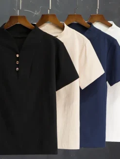 Hot OUKU Men's Shirt Cotton Linen Shirt 2 Piece Shirt Set Summer Shirt Beach Shirt Plain Casual Daily Black White Khaki Short Sleeve V Neck Summer Clothing Apparel Navy Blue