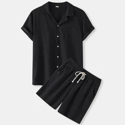New OUKU Men's Shirt Cotton Linen Shirt 2 Piece Shirt Set Summer Set Plain Hawaiian Holiday Black White Yellow Green Short Sleeve Lapel Spring & Summer Clothing Apparel Pocket