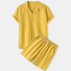 New OUKU Men's Shirt Cotton Linen Shirt 2 Piece Shirt Set Summer Set Plain Hawaiian Holiday Black White Yellow Green Short Sleeve Lapel Spring & Summer Clothing Apparel Pocket