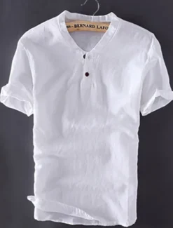 Discount OUKU Men's Shirt Cotton Linen Shirt White Cotton Shirt Summer Shirt Beach Shirt Plain Vacation Hawaiian White Blue Khaki Short Sleeve V Neck Spring & Summer Clothing Apparel Basic