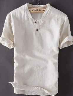 Discount OUKU Men's Shirt Cotton Linen Shirt White Cotton Shirt Summer Shirt Beach Shirt Plain Vacation Hawaiian White Blue Khaki Short Sleeve V Neck Spring & Summer Clothing Apparel Basic