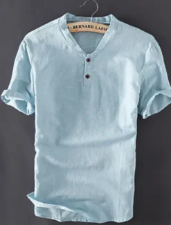 Discount OUKU Men's Shirt Cotton Linen Shirt White Cotton Shirt Summer Shirt Beach Shirt Plain Vacation Hawaiian White Blue Khaki Short Sleeve V Neck Spring & Summer Clothing Apparel Basic