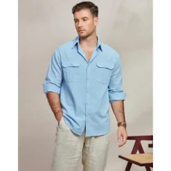 Hot OUKU Men's Shirt Cotton Linen Shirt Summer Shirt Beach Wear Casual Shirt Button Up Shirt Plain Casual Daily Long Sleeve Lapel Spring & Summer Clothing Apparel Pocket Blue