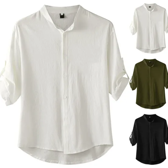 Hot OUKU Men's Shirt Cotton Linen Shirt White Cotton Shirt Chinese Collar Shirt Mandarin Collar Shirt Casual Shirt Plain Vacation Hawaiian Black White Green Short Sleeve Stand Collar Spring & Summer Clothing