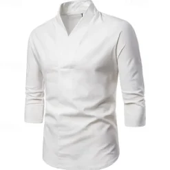 Online OUKU Men's Shirt Cotton Linen Shirt Casual Shirt Plain Casual Daily Black White Navy Blue Long Sleeve V Neck Summer Clothing Apparel